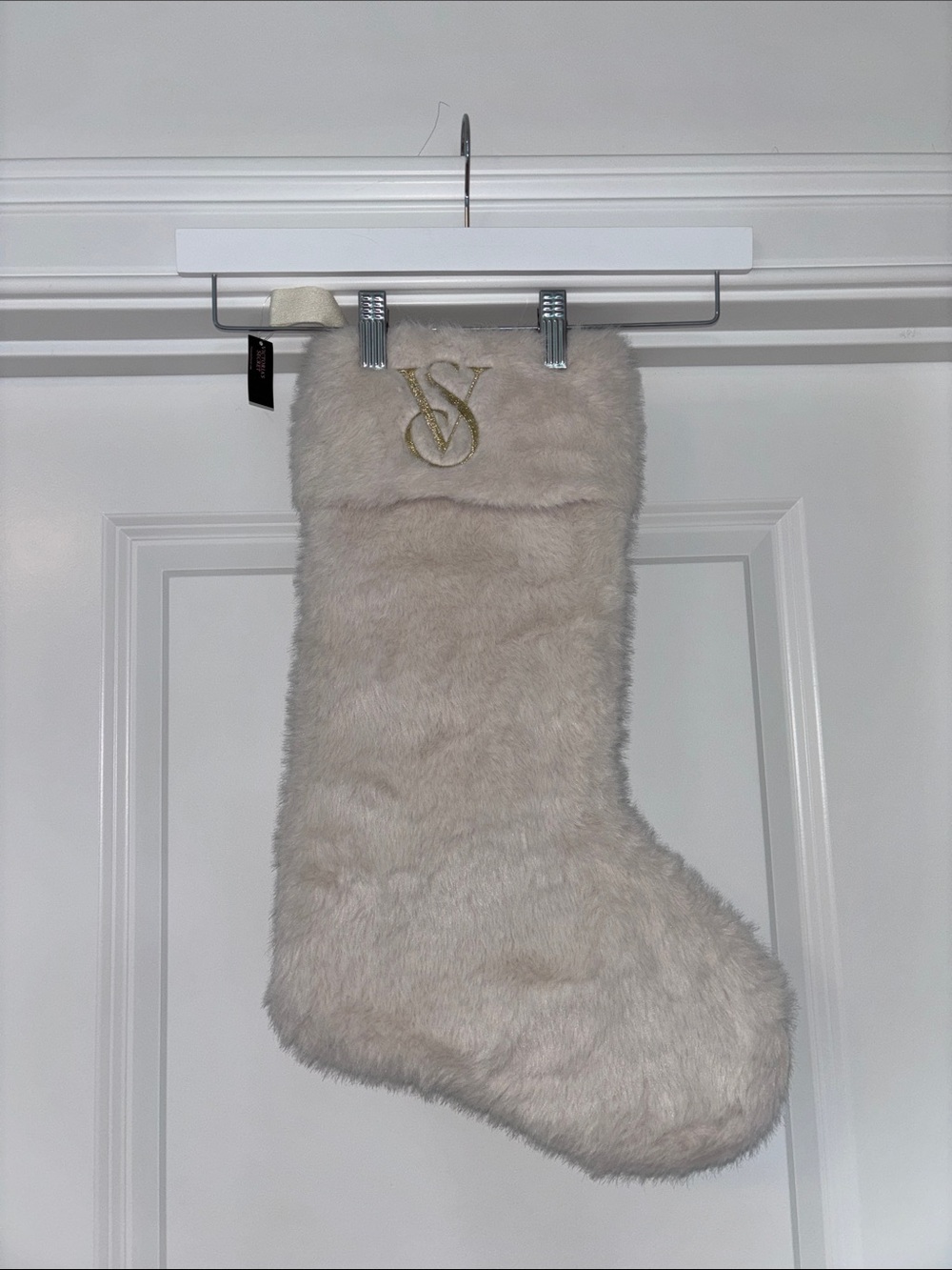 Victoria's Secret Cream Faux Fur Holiday Stocking with Gold VS Monogram